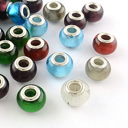 Handmade Silver Foil Glass European Beads, with Silver Color Plated Brass Cores, Rondelle, Mixed Color, 14x10mm, Hole: 5mm(X-LPDL-R008-M)