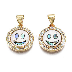 Brass Micro Pave Clear Cubic Zirconia Pendants, with Shell, Nickel Free, Flat Round with Smiling Face, Real 16K Gold Plated, 15.5x14x3mm, Hole: 3.5x4mm(KK-Q769-024-NF)
