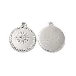 304 Stainless Steel Pendants Rhinestone Settings, Flat Round with Eye and Sun, Stainless Steel Color, 18.5x16x1.5mm, Hole: 1.5mm, Fit for 1mm Rhinestone(STAS-B032-09P)