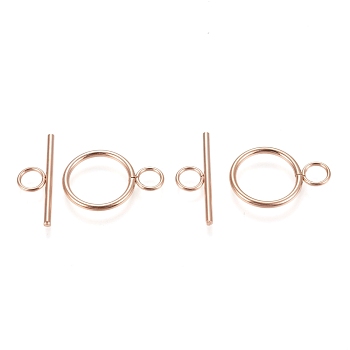 Ion Plating(IP) 304 Stainless Steel Toggle Clasps, Ring, Rose Gold, Ring: 27.5x19.5x2mm, Hole: 5.5mm, Bar: 30x10x2mm, Hole: 5.5mm