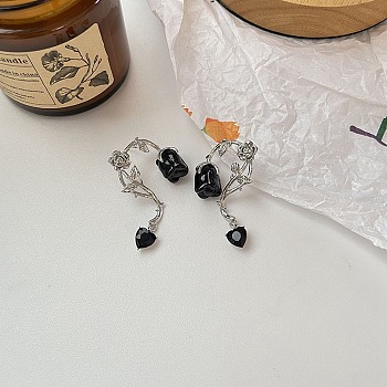 Lampwork Flower of Life Dangle Stud Earringsl, Platinum Alloy Earrings, Black, 47mm