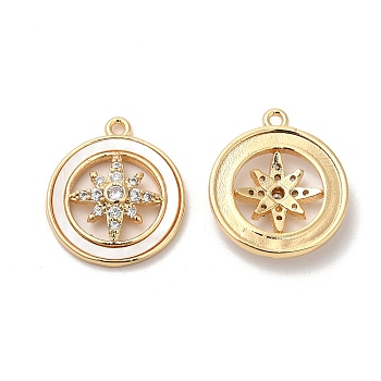 Brass Micro Pave Cubic Zirconia Pendant, with Shell, Flat Round with Star Charms, Real 18K Gold Plated, 16.5x14.5x3.3mm, Hole: 1.2mm