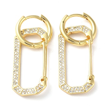 Rack Plating Brass Micro Pave Cubic Zirconia Dangle Hoop Earrings, Hollow Oval, Real 16K Gold Plated, 40x15mm