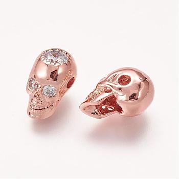 Brass Micro Pave Cubic Zirconia Beads, Skull, Rose Gold, 14x8x9.5mm, Hole: 2mm