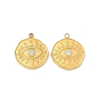 304 Stainless Steel Crystal Rhinestone Pendants, Flat Round Evil Eye, Golden, 17x15x3mm, Hole: 1.6mm