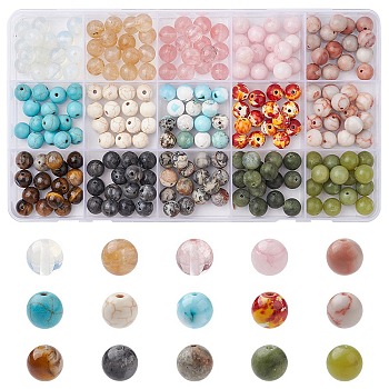 225Pcs 15 Styles Natural & Synthetic Mixed Gemstone Beads Set, Round, Mixed Dyed and Undyed, 7~8mm, Hole: 0.8~1.5mm, 15pcs/style