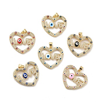 Rack Plating Brass Micro Pave Clear Cubic Zirconia Pendants, with Enamel, Cadmium Free & Lead Free, Heart with Evil Eye & Word Love, Real 18K Gold Plated, Mixed Color, 24.5x27x3.8mm, Hole: 3.3x3.7mm