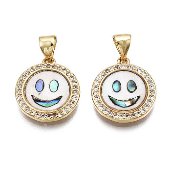 Brass Micro Pave Clear Cubic Zirconia Pendants, with Shell, Nickel Free, Flat Round with Smiling Face, Real 16K Gold Plated, 15.5x14x3mm, Hole: 3.5x4mm
