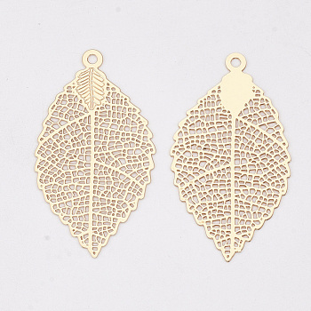 Brass Pendants, Etched Metal Embellishments, Long-Lasting Plated, Leaf, Light Gold, 39x21.5x0.3mm, Hole: 1.6mm