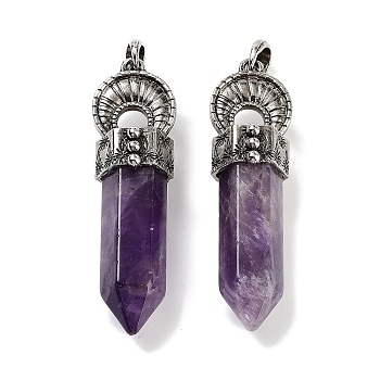 Natural Amethyst Pointed Big Pendants, Faceted Bullet Charms with Rack Plating Antique Silver Plated Alloy Horn, 61~62x17.5x16mm, Hole: 7x6.5mm