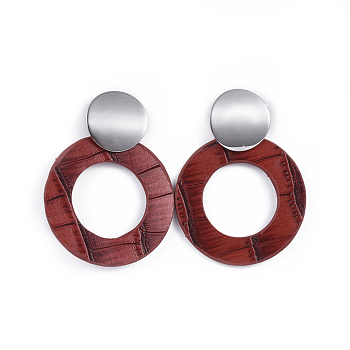 PU Leather Dangle Stud Earrings, with 304 Stainless Steel Stud Earring Findings, Ring, FireBrick, 57mm, pin: 0.8mm