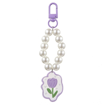 Alloy Acrylic Pendant Decorations, with Imitation Pearl Acrylic Beads, Flower Patterns, Lilac, 126mm