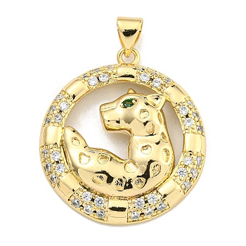 Brass Micro Pave Cubic Zirconia Pendants, Ring with Leopard Charms, Real 18K Gold Plated, 28x25x5mm, Hole: 4x3mm
