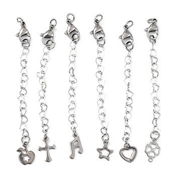 304 Stainless Steel Chain Extender, with Charms and Lobster Claw Clasps, Stainless Steel Color, 65~75mm