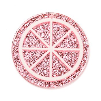 Transparent Acrylic Pendants, with Paillette/Glitter Sequins, Lemon Slice, Pink, 34x2mm, Hole: 1.6mm