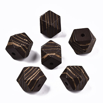 Painted Natural Wood Beads, Laser Engraved Pattern, Faceted, Polygon with Zebra-Stripe, Coconut Brown, 16x15.5~16.5x15.5~16.5mm, Hole: 3mm