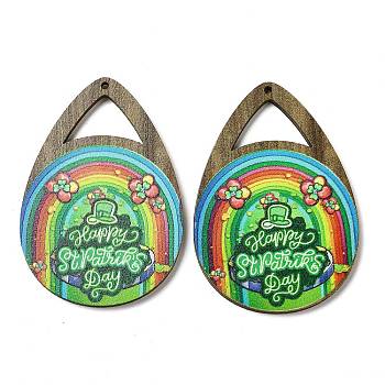 Saint Patrick's Day Single Face Printed Wood Big Pendants, Teardrop Charms with Rainbow, Colorful, 54x38x2.5mm, Hole: 1.5mm