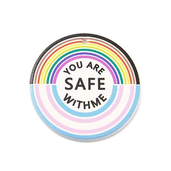 Rainbow Color Acrylic Pendants, Flat Round with Word You Are Safe Withme, Colorful, 35x2.5mm, Hole: 1.4mm