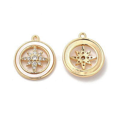 Real 18K Gold Plated Clear Flat Round Brass+Cubic Zirconia+Shell Pendants