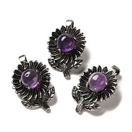 Natural Amethyst Pendants, Rack Plating Antique Silver Tone Brass Flower Charms, Cadmium Free & Lead Free, 34x22x10mm, Hole: 7.5x3.5mm(G-A095-03AS-02)