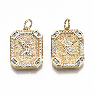 Brass Micro Pave Clear Cubic Zirconia Pendants, Nickel Free, Real 18K Gold Plated, Rounded Rectangle with Word, Letter.X, 19x14x2.5mm, Jump Ring: 5x0.7mm, 3mm inner diameter(KK-S356-234X-G-NF)