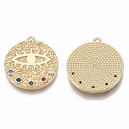 Brass Micro Pave Cubic Zirconia Pendants, Nickel Free, Flat Round with Eye, Real 18K Gold Plated, Colorful, 17x15x2mm, Hole: 1mm(KK-R126-015A-NF)