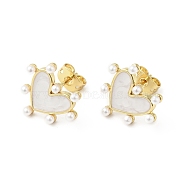 Rack Plating Brass Enamel Stud Earrings for Women, with Acrylic Beads and Ear Nuts, Cadmium Free & Lead Free, Heart, Real 18K Gold Plated, 14x15mm, Pin: 0.8mm(EJEW-G311-02G)