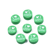 Handmade Polymer Clay Beads, Mother's Day Theme, Flat Round with Word I Love MOM, Medium Sea Green, 8~9.5x3.5~4.5mm, Hole: 1.5mm(CLAY-T019-11K)