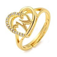 Heart with Letter Rack Plating Brass Micro Pave Cubic Zirconia Adjustable Rings for Women, Lead Free & Cadmium Free, Real 18K Gold Plated, Letter W, Inner Diameter: 16mm(RJEW-I105-06G-W)