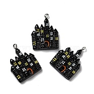 Halloween Opaque Resin Pendants, with Platinum Tone Iron Loops, Castle, Black, 31x23x5.5mm, Hole: 2mm(RESI-B011-07)