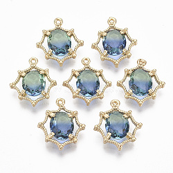 Two Tone Glass Pendants, with Brass Findings, Faceted, Oval, Light Gold, Aquamarine, 17.5~18.5x15.5~17x4.5mm, Hole: 1.2mm(GLAA-T021-18B)