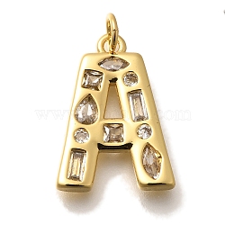 Brass Micro Pave Clear Cubic Zirconia Pendants, with Jump Ring, Lead Free and Cadmium Free, Long-Lasting Plated, Rack Plating, Letter Charms, Real 18K Gold Plated, Letter A, 20.5x15x2.7mm, jump ring: 5x1mm, 3mm inner diameter.(KK-G521-01G-A)