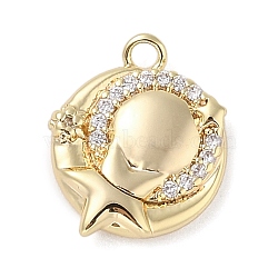 Brass with Cubic Zirconia Charms, Flat Round with Star, Real 18K Gold Plated, 12.5x10.5x2.5mm, Hole: 1.4mm(KK-Q817-03G)