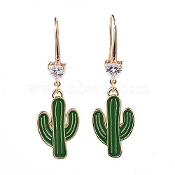 Alloy Enamel Dangle Earrings, with Brass Cubic Zirconia Earring Hooks, Cactus, Green, 52mm, Pin: 0.9mm(EJEW-JE03500-05)