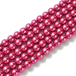 Eco-Friendly Dyed Glass Pearl Round Beads Strands, Grade A, Cotton Cord Threaded, Fuchsia, 8mm, Hole: 1.2~1.5mm, about 52pcs/strand, 15 inch(HY-A008-8mm-RB058)