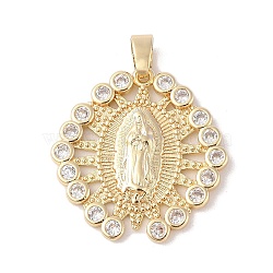 Brass Cubic Zirconia Pendants, Long-Lasting Plated, Oval with Holy Virgin Charms, Golden, Clear, 29x27x2.5mm, Hole: 6x3mm(KK-Z050-09G-01)