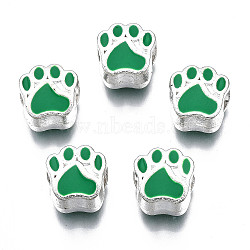 Alloy Enamel European Beads, Large Hole Beads, Cadmium Free & Lead Free, Silver, Bear Paw Prints, Lime Green, 11x11x7.5mm, Hole: 4.5mm(MPDL-T005-003A-RS)