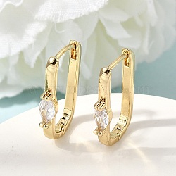 Brass Clear Cubic Zirconia Huggie Hoop Earrings, Rectangle, Real 16K Gold Plated, 22x13x3.5mm(EJEW-G473-03G)