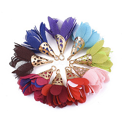 Iron Pendants, with Chiffon, Flower, Golden, Mixed Color, 28~32x25~32mm, Hole: 1~4mm(X-FIND-T033-01)