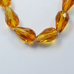 Glass Beads Strands, Faceted, teardrop, Chocolate, 15x10mm, Hole: 2mm, about 48pcs/strand, 27.56 inch(70cm)(X-GLAA-R024-15x10mm-10)