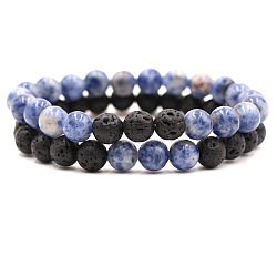 2Pcs 2 Styles Natural Blue Spot Jasper & Lava Rock Round Beaded Stretch Bracelets for Couple, 7.48 inch(19cm)(FS-WGA2A2E-09)