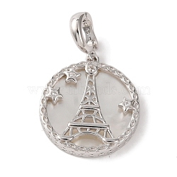 Rhodium Plated 925 Sterling Silver Pave Natural Shell Flat Round Pendants, Clear Cubic Zirconia Eiffel Tower Charms with 925 Stamp, Real Platinum Plated, 28mm, Hole: 5x3.5mm(STER-C009-04P)