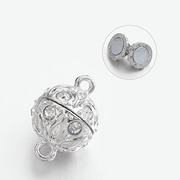 Alloy Rhinestone Magnetic Clasps with Loops, Round, Lead Free & Cadmium Free, Platinum, 19x12.5mm, Hole: 2mm