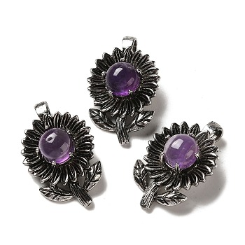 Natural Amethyst Pendants, Rack Plating Antique Silver Tone Brass Flower Charms, Cadmium Free & Lead Free, 34x22x10mm, Hole: 7.5x3.5mm