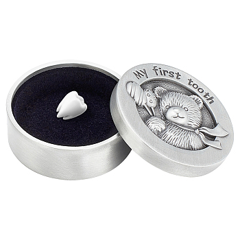 Alloy Engraved My First Curl Box, Column Bear Keepsake Gift Box with Velvet Inside, Antique Silver, 3.95x2.1cm