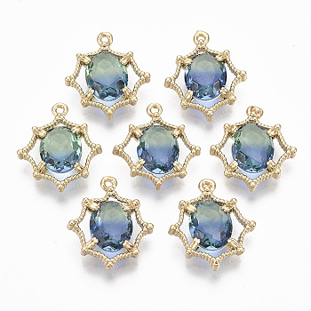 Two Tone Glass Pendants, with Brass Findings, Faceted, Oval, Light Gold, Aquamarine, 17.5~18.5x15.5~17x4.5mm, Hole: 1.2mm