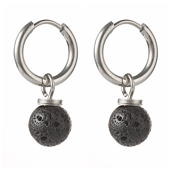 Natural Lava Rock Beads Earrings for Girl Women Gift, 202 Stainless Steel Huggie Hoop Earrings, 25.5mm, Pin: 1mm
