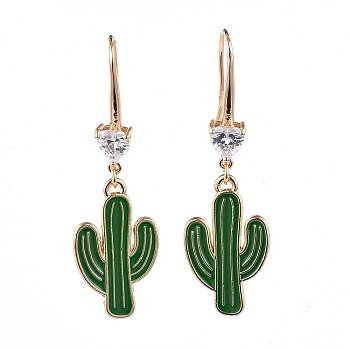 Alloy Enamel Dangle Earrings, with Brass Cubic Zirconia Earring Hooks, Cactus, Green, 52mm, Pin: 0.9mm