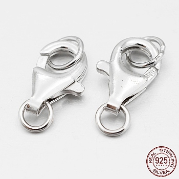 Rhodium Plated 925 Sterling Silver Lobster Claw Clasps, Platinum, 13x8x3mm, Hole: 4mm