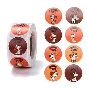 Flat Round Paper Thank You Stickers, Cartoon Animal Pattern with Word Thank you, Self-Adhesive Gift Tag Labels Youstickers, Dog Pattern, 6.3x2.95cm, 500pcs/roll